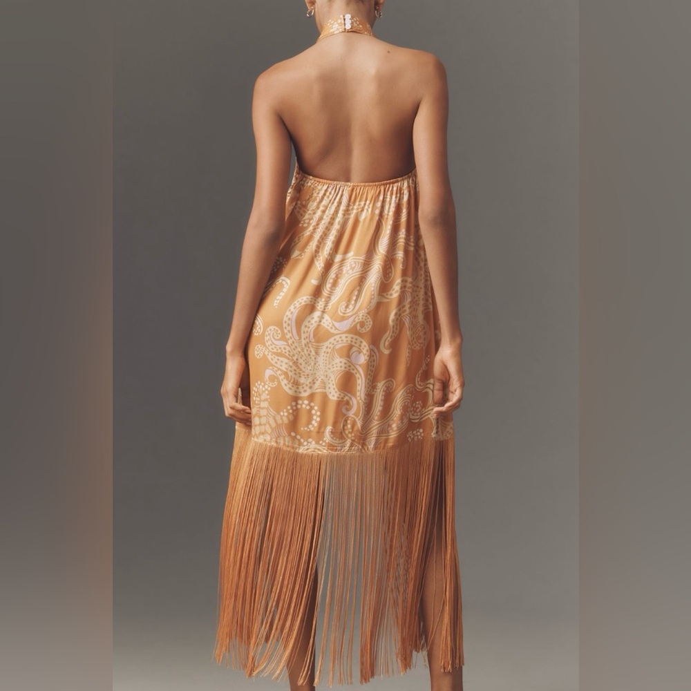 FARM Rio Orange Paisley Halter Fringe Mini Dress - Picture 3 of 12